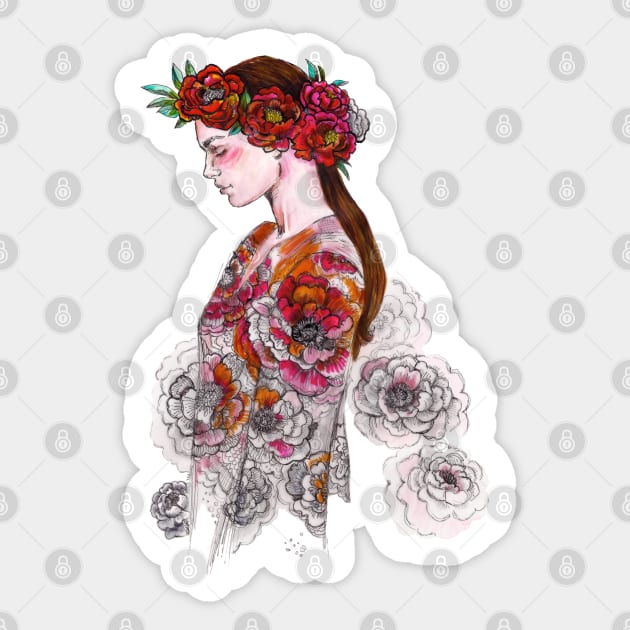 Woman with a Flower Crown - Boho Chic - Fashion Illustration. Sticker by FanitsaArt